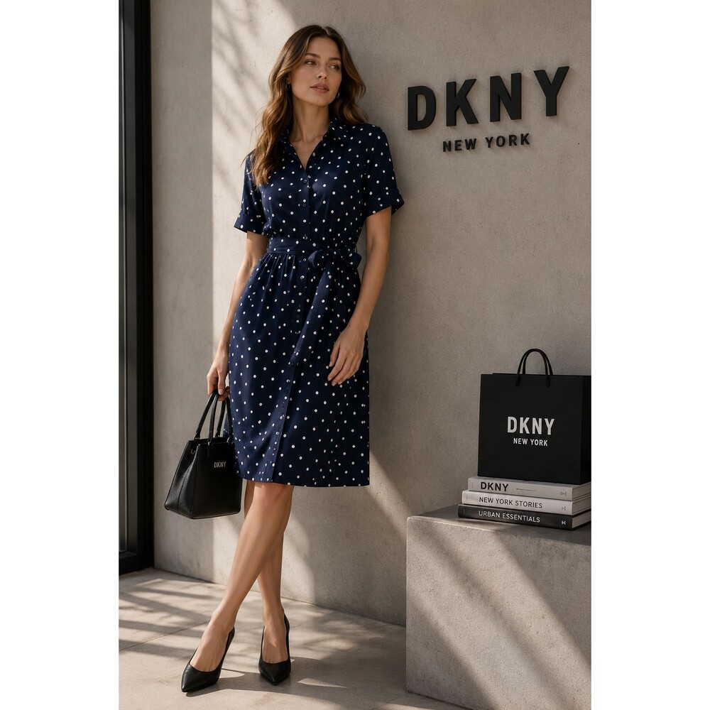 DKNY Womens New Fit & Flare Dress US 8 Polka Dot Belted Navy 100%Cotton DD6A1S79